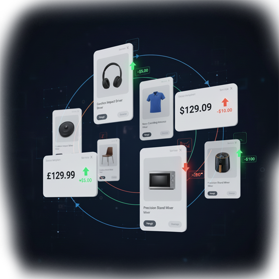 Shopping cards showing real-time market data and pricing decisions